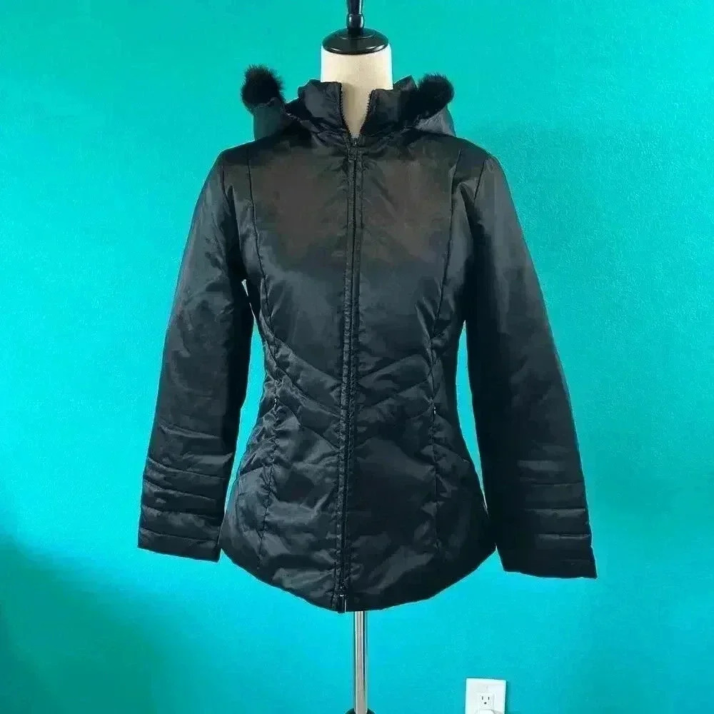 Bebe Sport Womens Black Quilted Faux Fur Hood Full Zip Puffer Jacket Size S